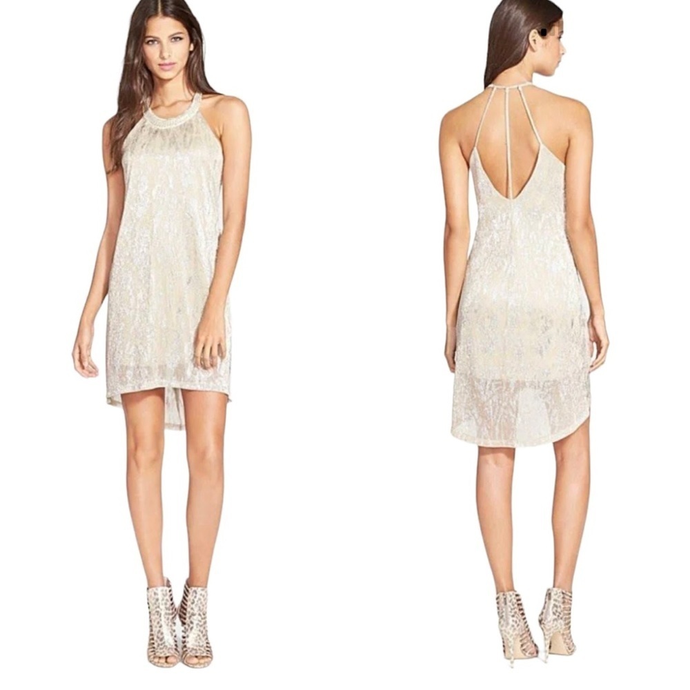 ASTR The Label Silver/gold Shimmering Strappy mini halter Dress SZ M